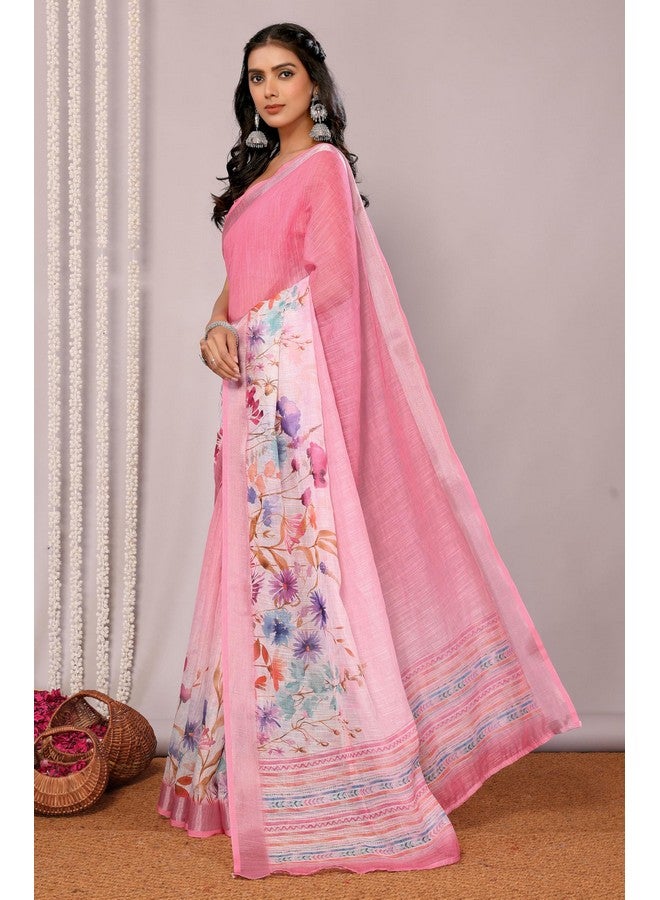 Janasya Janasya Women's Pink Linen Blend Floral Printed Saree with Blouse Piece (SAR456-J) - Image 4