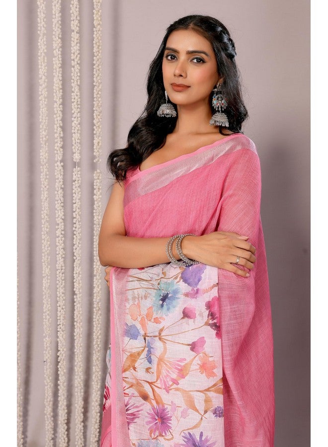 Janasya Janasya Women's Pink Linen Blend Floral Printed Saree with Blouse Piece (SAR456-J) - Image 5