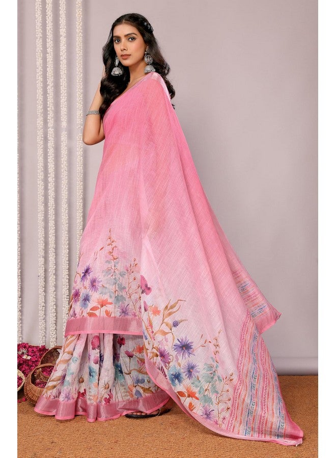 Janasya Janasya Women's Pink Linen Blend Floral Printed Saree with Blouse Piece (SAR456-J) - Image 2