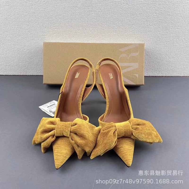 Za2024 Women'S Shoes Bow With Velvet Pointed Mule Shoes High Heels Stiletto Sandals Women - Image 3
