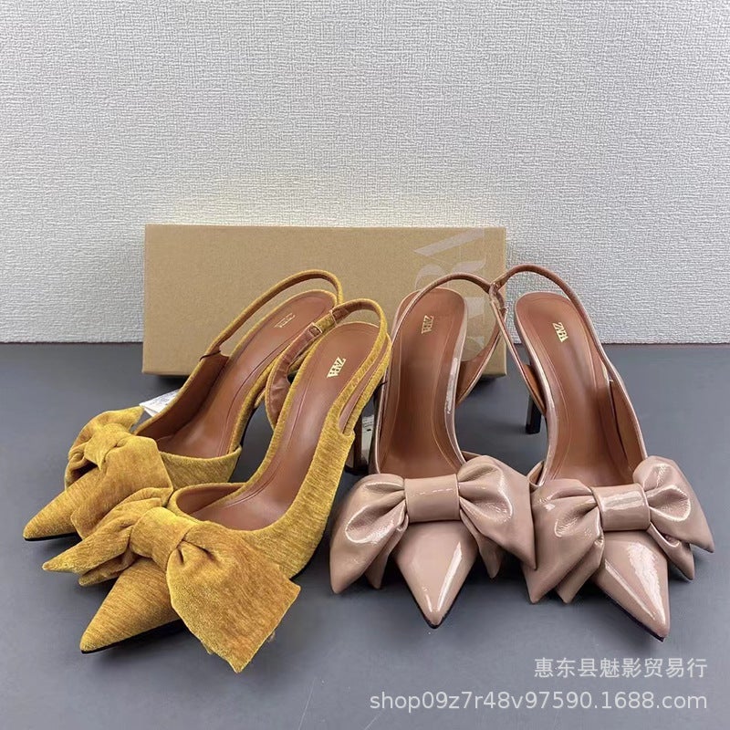 Za2024 Women'S Shoes Bow With Velvet Pointed Mule Shoes High Heels Stiletto Sandals Women - Image 4