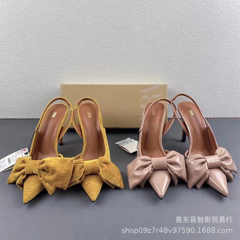 Za2024 Women'S Shoes Bow With Velvet Pointed Mule Shoes High Heels Stiletto Sandals Women - Image 2