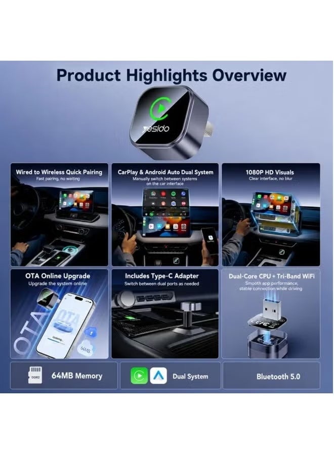 Yesido KM31 2-in-1 Wireless CarPlay Adapter, Plug & Play with Tri-Band WiFi, Bluetooth 5.0, 1080P Support - Image 4