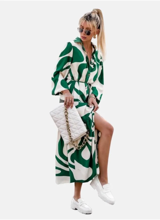 يونيكي White & Green Abstract Printed Puff Sleeve Tie Up Shirt Dress