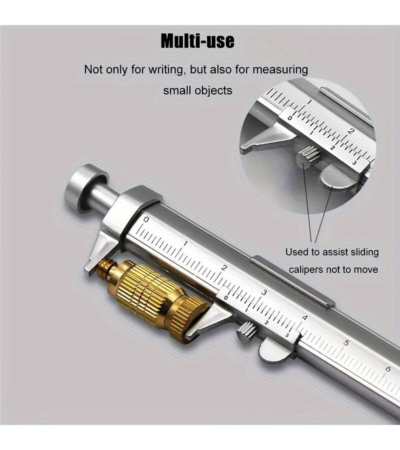 3 Pcs Silver Shell Precision Caliper And Ballpoint Pen Set Dual Purpose Plastic Scales 0 100 Mm Range 2 In 1 Office Measuring And Writing Tool For Office Workers Students Enthusiasts Accurate And Portable - Image 2
