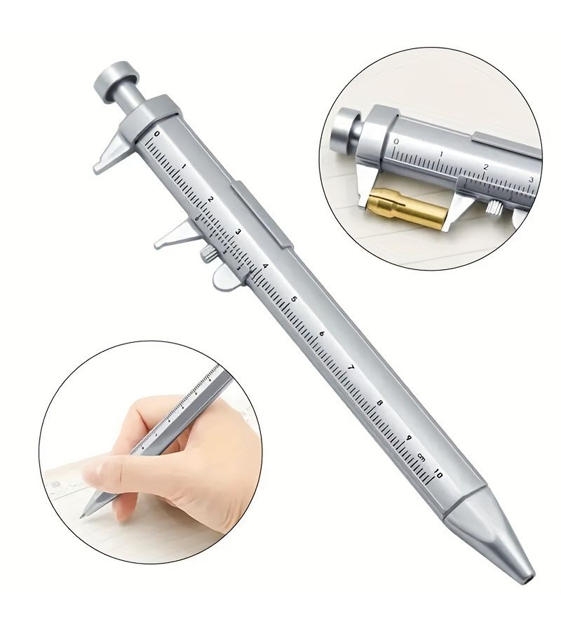 3 Pcs Silver Shell Precision Caliper And Ballpoint Pen Set Dual Purpose Plastic Scales 0 100 Mm Range 2 In 1 Office Measuring And Writing Tool For Office Workers Students Enthusiasts Accurate And Portable - Image 1