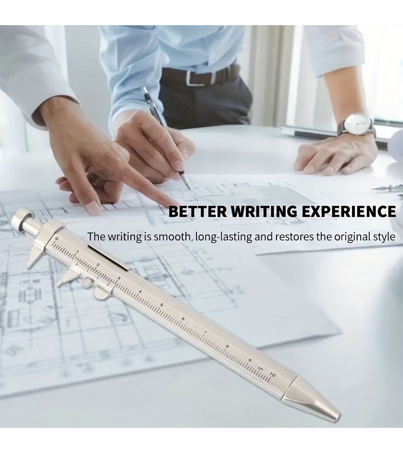 3 Pcs Silver Shell Precision Caliper And Ballpoint Pen Set Dual Purpose Plastic Scales 0 100 Mm Range 2 In 1 Office Measuring And Writing Tool For Office Workers Students Enthusiasts Accurate And Portable - Image 4