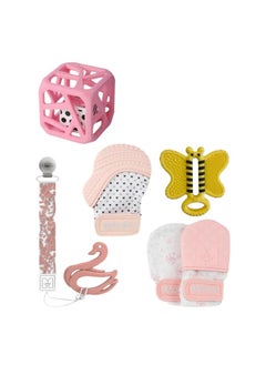 Malarkey Kids Malarkey Kids 5-Pack Gift Set - Featuring Munch Mini, Munch Mitt, Baby Chew Cube, Teether Tether, Toothbrush Teething Bundle - Ideal for Boys & Girls - Pastel Peace, (Ages 3+ Months)  - Image 1