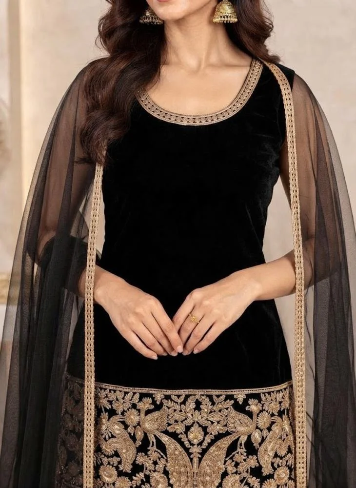 Viny VINY Black 3-Piece Embroidered Velvet Suit Set – Women's Indian Ethnic Wear