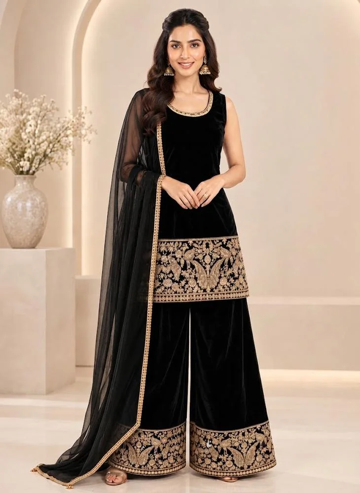 Viny VINY Black 3-Piece Embroidered Velvet Suit Set – Women's Indian Ethnic Wear