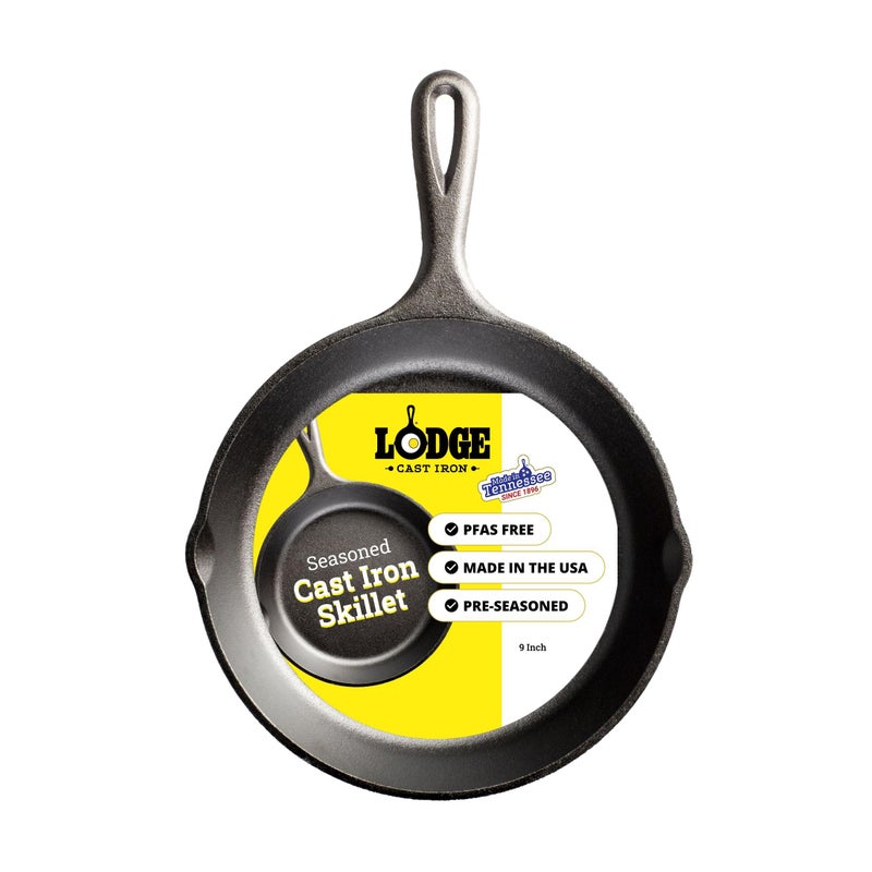 Lodge Seasoned Cast Iron Skillet - PFAS-Free, Non-Toxic Cookware - Use with an Oven, Stove, Grill, or Campfire - Naturally Non-Stick & Oven Safe - 9 Inches - Image 1