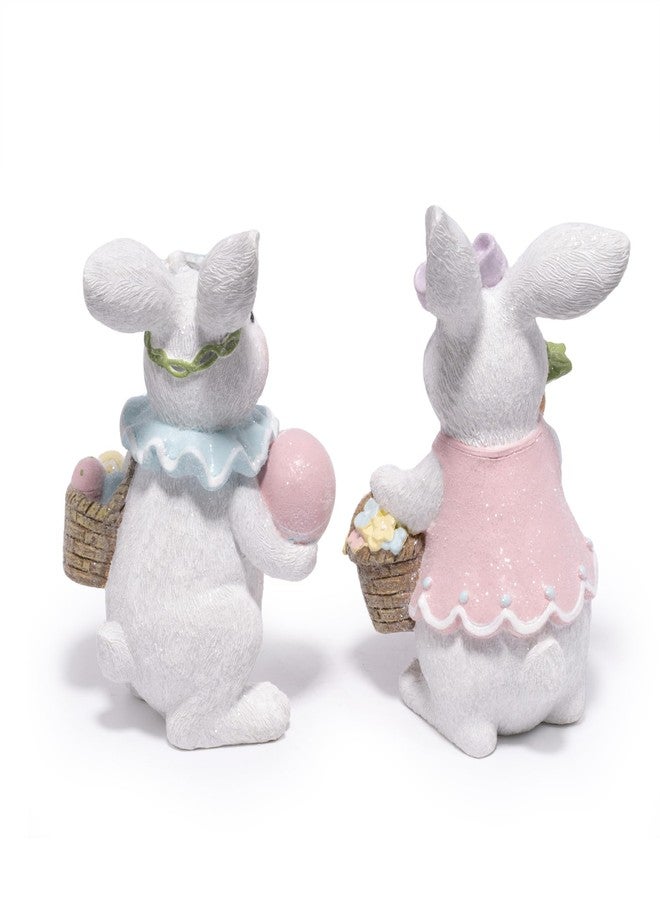 Hodao Easter Bunny Figurines Set, Spring Rabbit Decor with Easter Eggs Basket, Floral Wreath Bunny Statues, Tabletop Home Decoration for Living Room, Entryway - Image 3