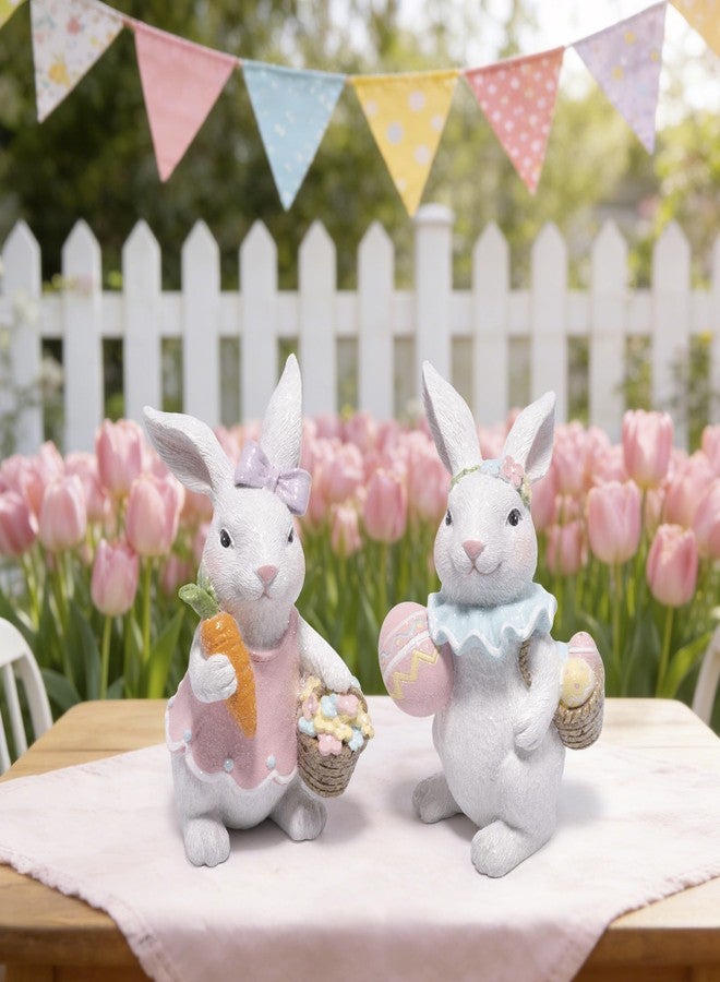 Hodao Easter Bunny Figurines Set, Spring Rabbit Decor with Easter Eggs Basket, Floral Wreath Bunny Statues, Tabletop Home Decoration for Living Room, Entryway - Image 5