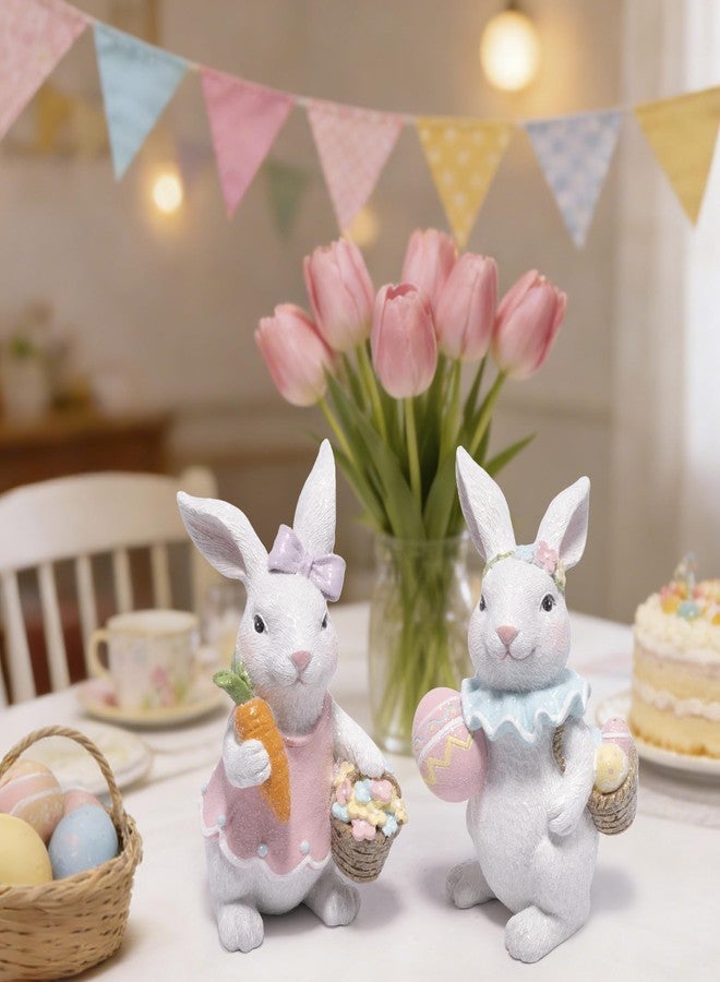 Hodao Easter Bunny Figurines Set, Spring Rabbit Decor with Easter Eggs Basket, Floral Wreath Bunny Statues, Tabletop Home Decoration for Living Room, Entryway - Image 4