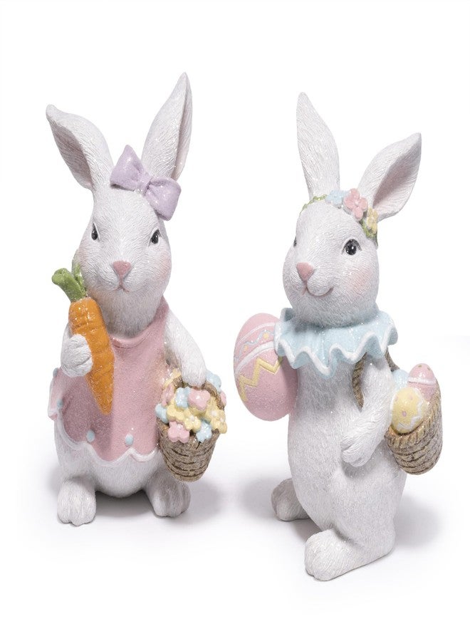 Hodao Easter Bunny Figurines Set, Spring Rabbit Decor with Easter Eggs Basket, Floral Wreath Bunny Statues, Tabletop Home Decoration for Living Room, Entryway - Image 2