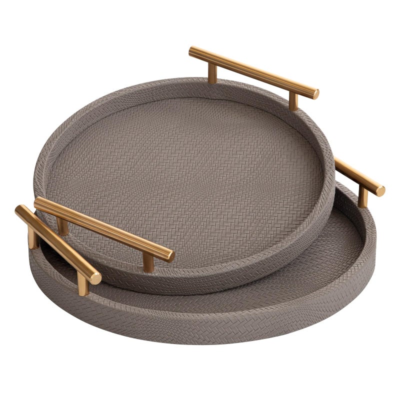 MACVAD 2 Piece Coffee Brown Round Serving Tray with Handles, Woven-Texture Faux Leather Ottoman Tray for Living Room, Decorative Tray for Coffee Table Home Decor - Image 1