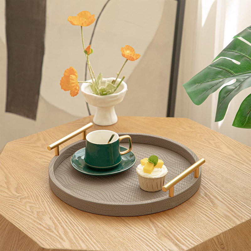 MACVAD 2 Piece Coffee Brown Round Serving Tray with Handles, Woven-Texture Faux Leather Ottoman Tray for Living Room, Decorative Tray for Coffee Table Home Decor - Image 2