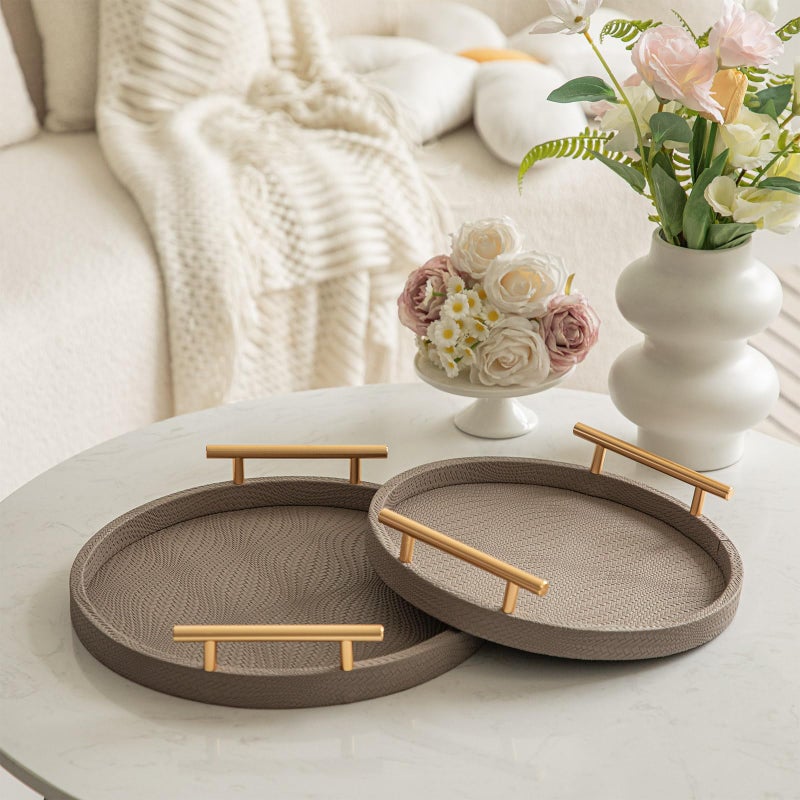 MACVAD 2 Piece Coffee Brown Round Serving Tray with Handles, Woven-Texture Faux Leather Ottoman Tray for Living Room, Decorative Tray for Coffee Table Home Decor - Image 3