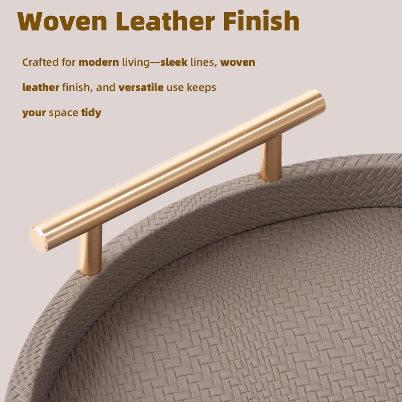 MACVAD 2 Piece Coffee Brown Round Serving Tray with Handles, Woven-Texture Faux Leather Ottoman Tray for Living Room, Decorative Tray for Coffee Table Home Decor - Image 5