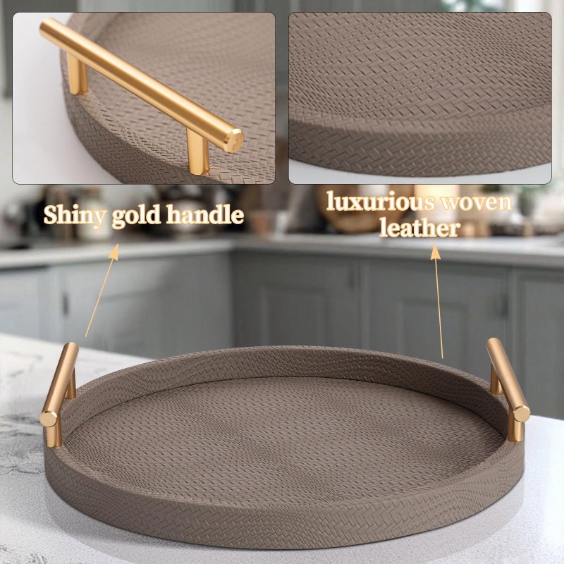 MACVAD 2 Piece Coffee Brown Round Serving Tray with Handles, Woven-Texture Faux Leather Ottoman Tray for Living Room, Decorative Tray for Coffee Table Home Decor - Image 4