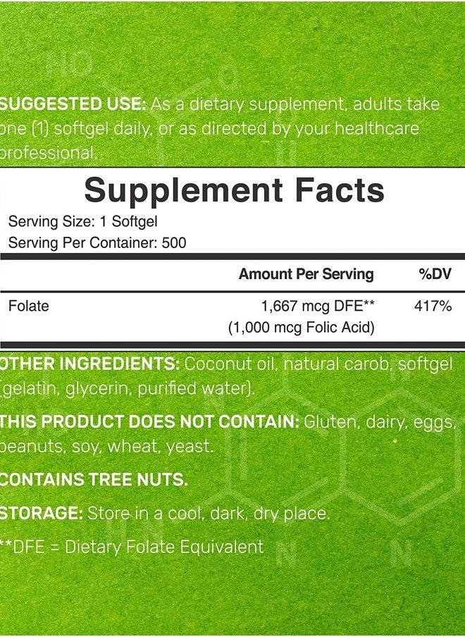 DEAL SUPPLEMENT - Folic Acid 1000 mcg (1 mg), 500 Coconut Oil Softgels | Bioavailable Prenatal Vitamins (Vitamin B9) – 1,667 mcg DFE – Easy to swallow, Non-GMO, & No Gluten - Image 1