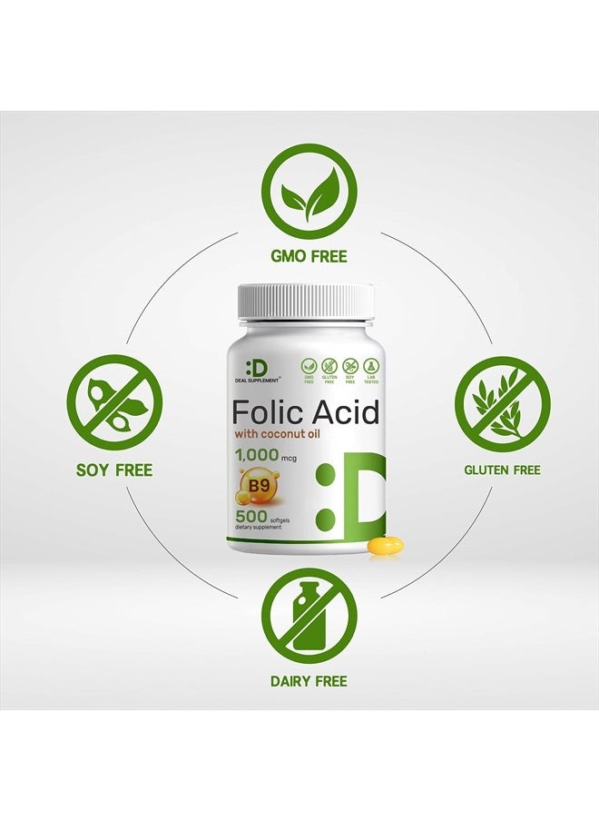DEAL SUPPLEMENT - Folic Acid 1000 mcg (1 mg), 500 Coconut Oil Softgels | Bioavailable Prenatal Vitamins (Vitamin B9) – 1,667 mcg DFE – Easy to swallow, Non-GMO, & No Gluten - Image 1