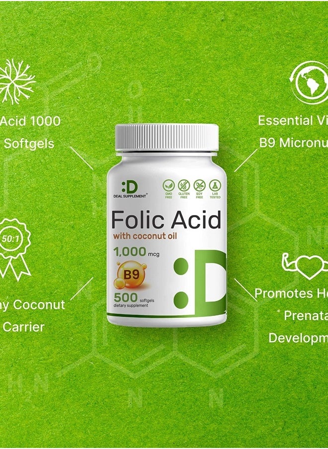 DEAL SUPPLEMENT - Folic Acid 1000 mcg (1 mg), 500 Coconut Oil Softgels | Bioavailable Prenatal Vitamins (Vitamin B9) – 1,667 mcg DFE – Easy to swallow, Non-GMO, & No Gluten - Image 1