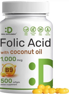 Folic Acid 1000 mcg (1 mg), 500 Coconut Oil Softgels | Bioavailable Prenatal Vitamins (Vitamin B9) – 1,667 mcg DFE – Easy to swallow, Non-GMO, & No Gluten