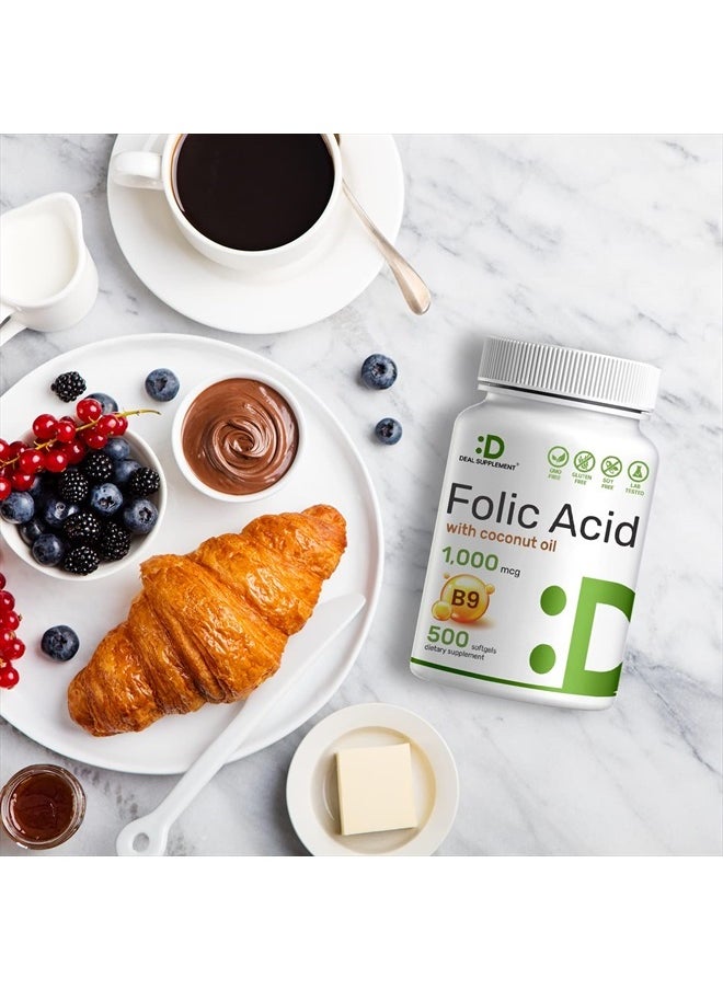DEAL SUPPLEMENT - Folic Acid 1000 mcg (1 mg), 500 Coconut Oil Softgels | Bioavailable Prenatal Vitamins (Vitamin B9) – 1,667 mcg DFE – Easy to swallow, Non-GMO, & No Gluten - Image 1