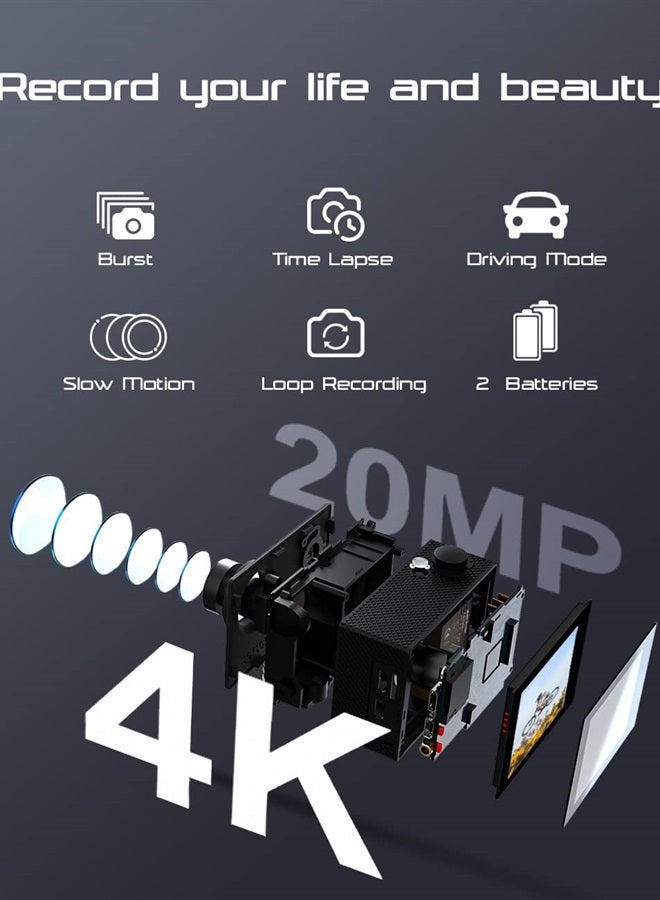 Apexcam Action Camera 4K Sports Cameras 20MP 40M WiFi Waterproof Underwater Camera with 2.4G Remote Control 2 Batteries 2.0'' LCD Ultra HD Cameras with Mounting Accessories Kit - Image 2
