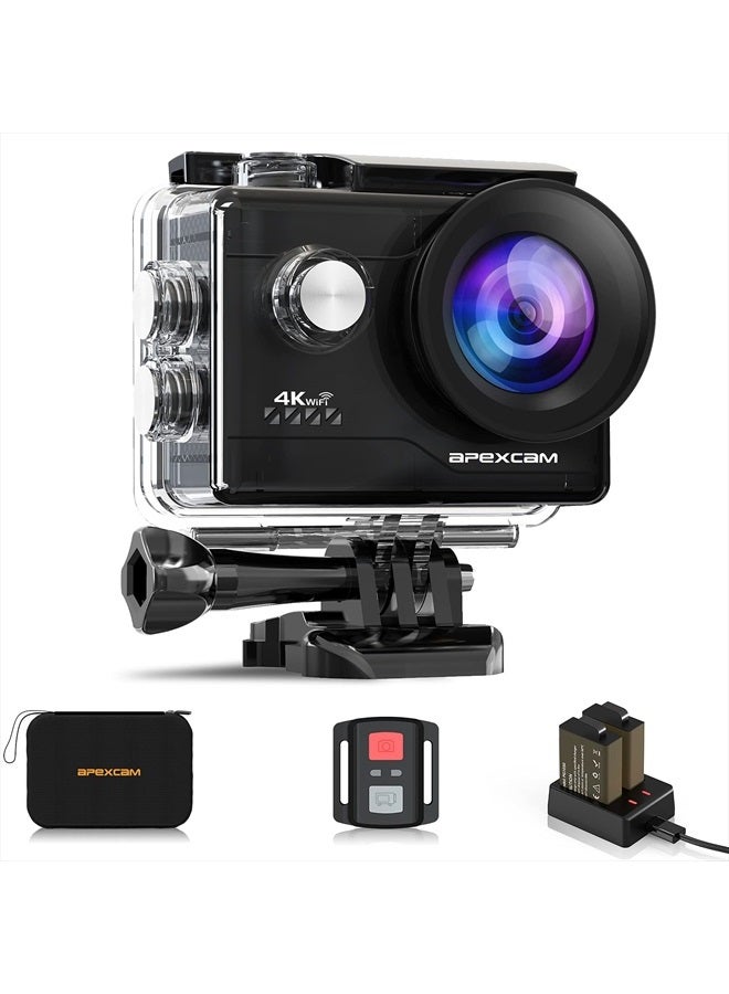 Apexcam Action Camera 4K Sports Cameras 20MP 40M WiFi Waterproof Underwater Camera with 2.4G Remote Control 2 Batteries 2.0'' LCD Ultra HD Cameras with Mounting Accessories Kit