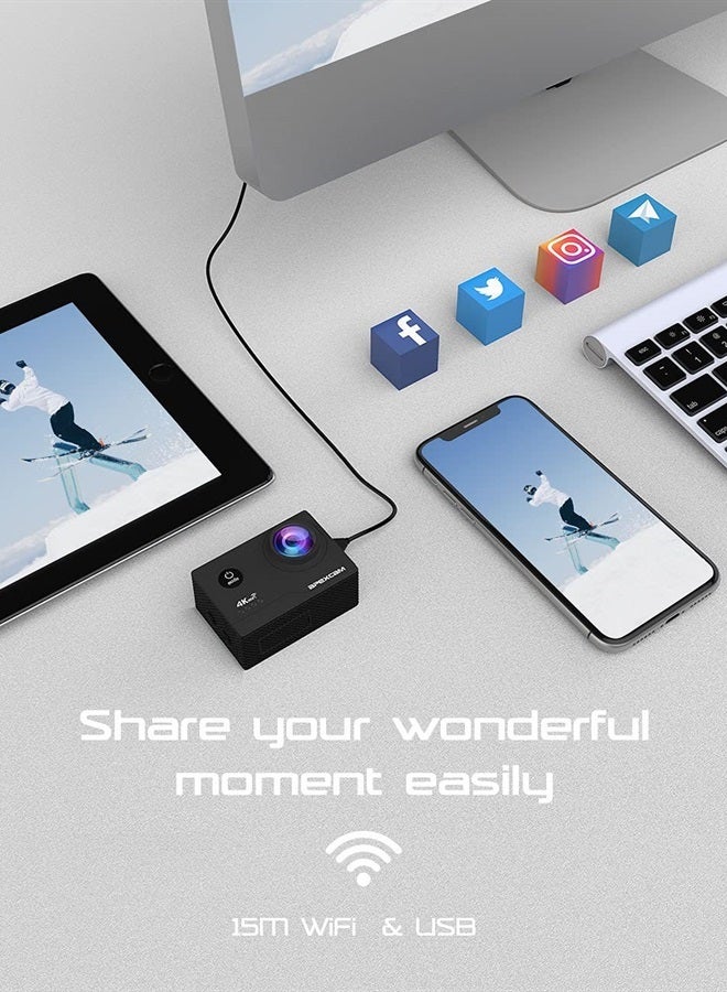 Apexcam Action Camera 4K Sports Cameras 20MP 40M WiFi Waterproof Underwater Camera with 2.4G Remote Control 2 Batteries 2.0'' LCD Ultra HD Cameras with Mounting Accessories Kit - Image 4