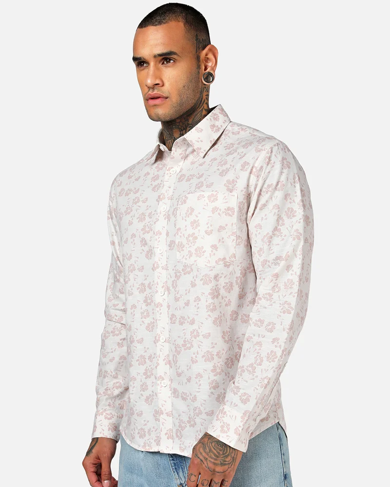 bewakoof Men's Off White & Peach All Over Printed Cotton Linen Shirt