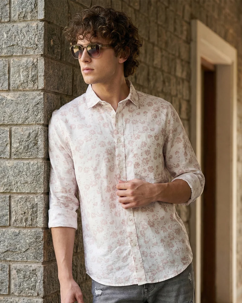 bewakoof Men's Off White & Peach All Over Printed Cotton Linen Shirt