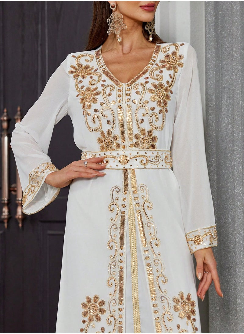 Madam Uniq - Moroccan White Dubai Kaftans Abaya Sequin Dress Very Fancy Long Modern Farasha Gown Islamic Dress - Image 1