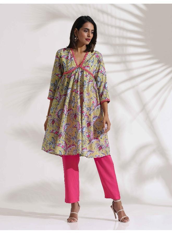 trueBrowns Yellow Print Anarkali Kurta Co-ord Set - Image 1