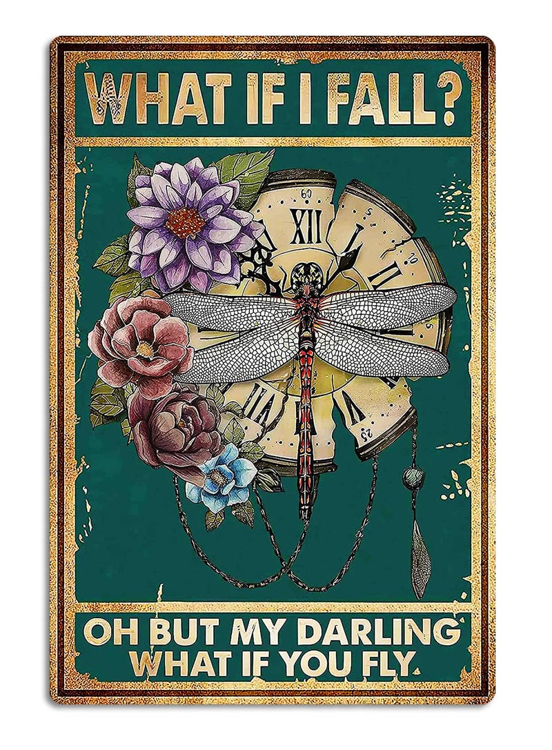 Fmcmly Vintage Tin Signs What If I Fall Dragonfly Decoration Hippie Boho Art Poster Fall Sign Home Kitchen Office Bedroom Cafes Wall Decor 8x12 Inch - Image 1