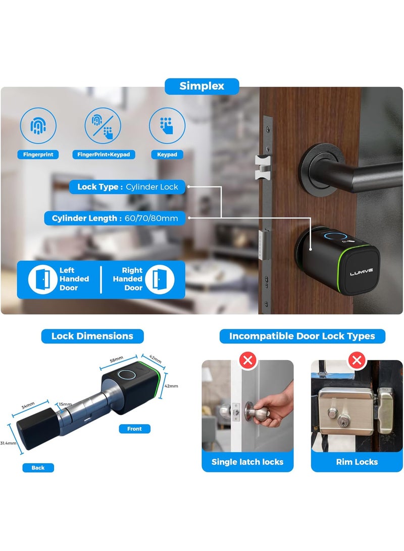 Lumive Smart Door Lock, Fingerprint Door Lock, for indoor use only Bluetooth App Unlock,2 Keys 5 RFID Cards,Fixed Cylinder, Black [Battery Included] (Fingerprint + Keypad, Black, adjustable 60-90mm) - Image 5