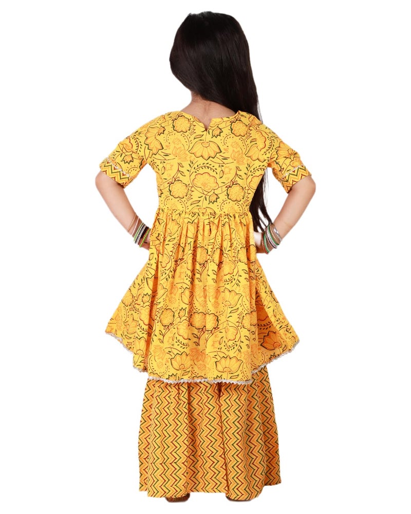 superminis Baby Girls Cotton Sanganeri Printed Frock Style Kurti with Printed Sharara Dress (5-6 Years, Yellow) - Image 3