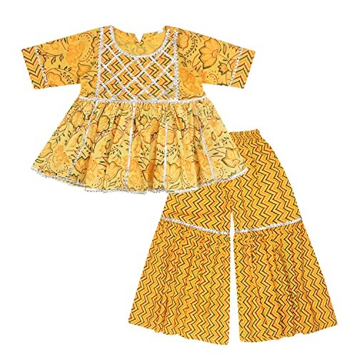 superminis Baby Girls Cotton Sanganeri Printed Frock Style Kurti with Printed Sharara Dress (5-6 Years, Yellow) - Image 1