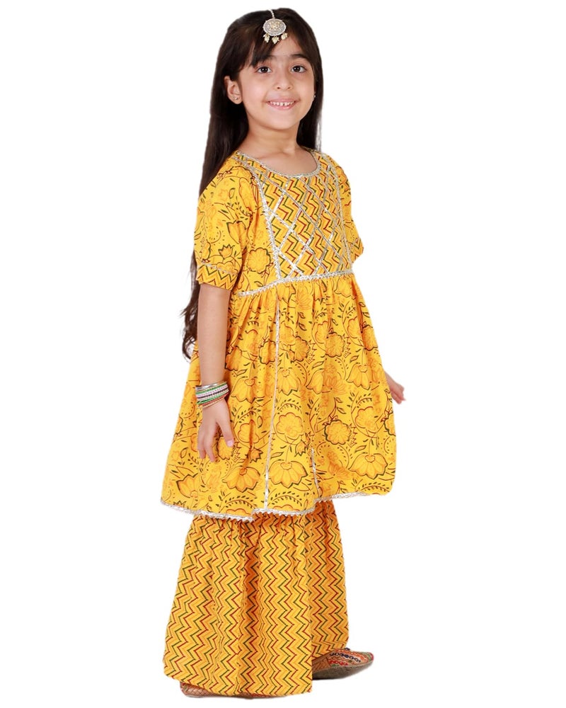 superminis Baby Girls Cotton Sanganeri Printed Frock Style Kurti with Printed Sharara Dress (5-6 Years, Yellow) - Image 5
