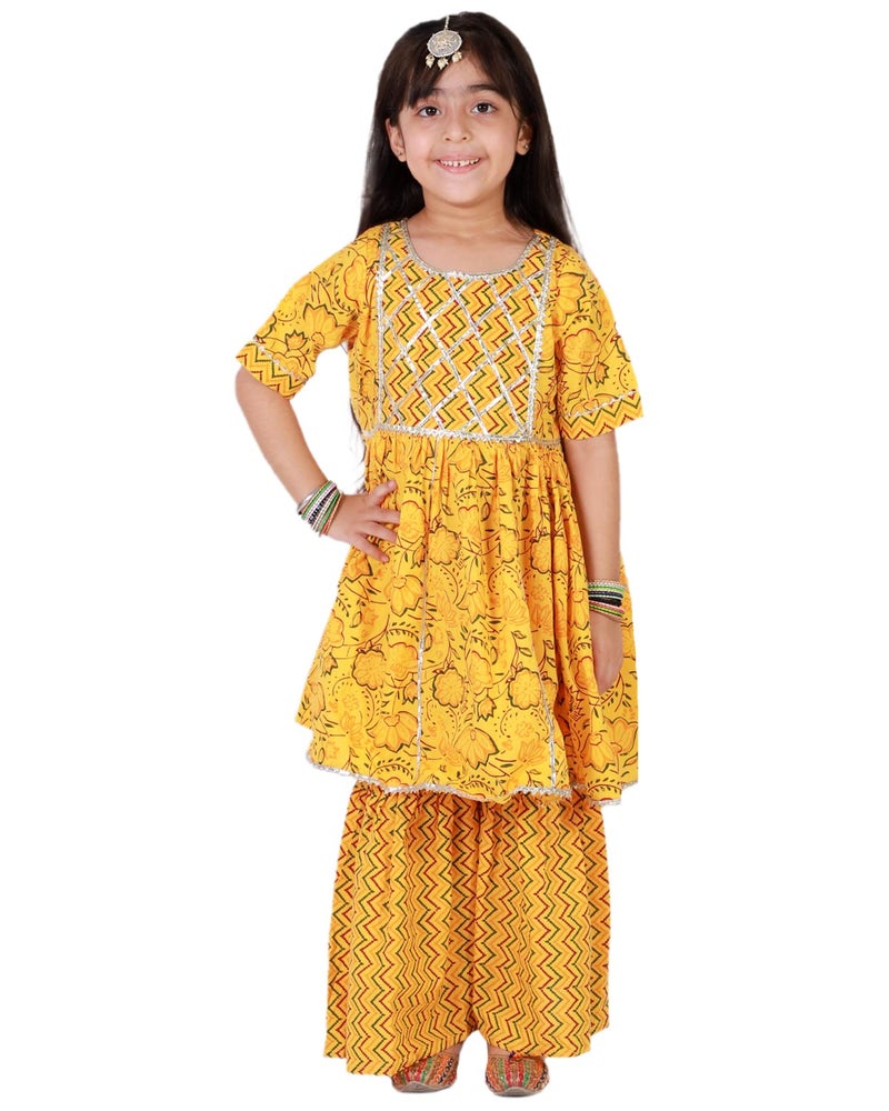 superminis Baby Girls Cotton Sanganeri Printed Frock Style Kurti with Printed Sharara Dress (5-6 Years, Yellow) - Image 2