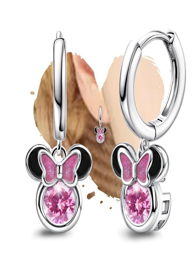 Generic Hoop Earrings for Girls Cute - Sterling Silver Huggie Earrings with Pink Cubic Zirconia Dangle Hypoallergenic Mouse Earrings Hoops for Women Teens Jewelry Gifts - Image 1