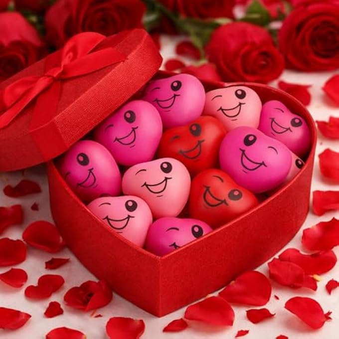 Halloscume 60 Pcs Valentine's Day Heart Stress Balls 1.6" Smile Shape Face Squeeze Balls Relief Foam Stress Balls Valentines Gifts Bulk for Party Favors Kids Adults School Carnival Reward, 3 Colors - Image 4