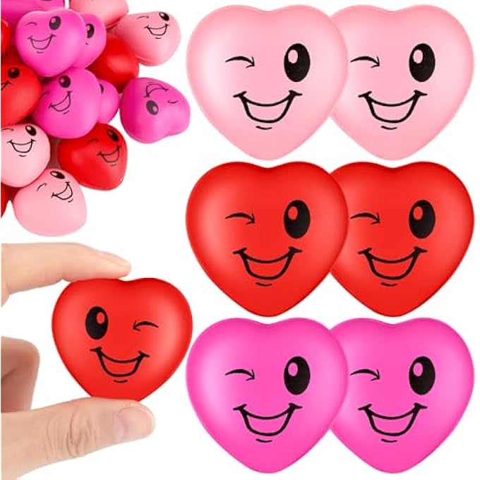 Halloscume 60 Pcs Valentine's Day Heart Stress Balls 1.6" Smile Shape Face Squeeze Balls Relief Foam Stress Balls Valentines Gifts Bulk for Party Favors Kids Adults School Carnival Reward, 3 Colors - Image 1