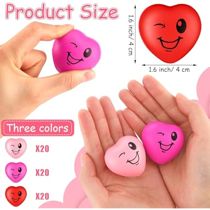 Halloscume 60 Pcs Valentine's Day Heart Stress Balls 1.6" Smile Shape Face Squeeze Balls Relief Foam Stress Balls Valentines Gifts Bulk for Party Favors Kids Adults School Carnival Reward, 3 Colors - Image 2