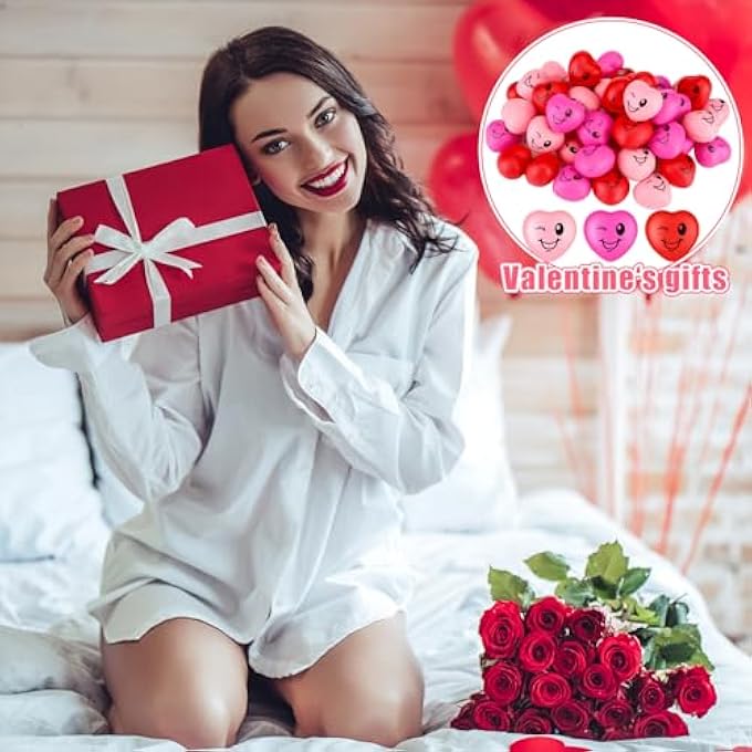 Halloscume 60 Pcs Valentine's Day Heart Stress Balls 1.6" Smile Shape Face Squeeze Balls Relief Foam Stress Balls Valentines Gifts Bulk for Party Favors Kids Adults School Carnival Reward, 3 Colors - Image 5