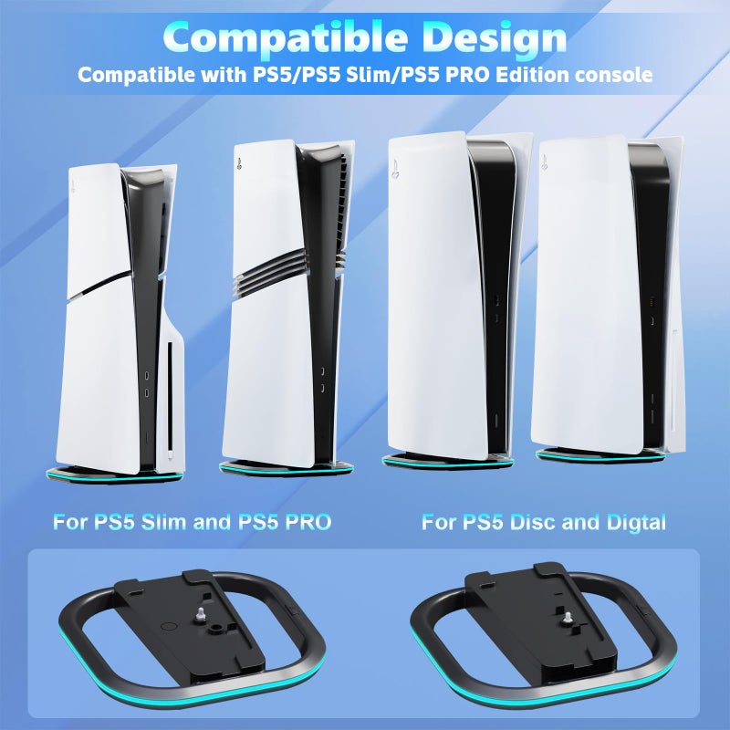 Honcam حامل عمودي HONCAM لجهاز PS5/PS5 Slim/PS5 Pro، حامل بلاي ستيشن 5 العمودي مع 7 أضواء RGB ومسمار، أسود - Image 3