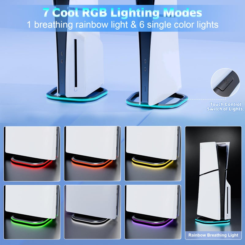 Honcam حامل عمودي HONCAM لجهاز PS5/PS5 Slim/PS5 Pro، حامل بلاي ستيشن 5 العمودي مع 7 أضواء RGB ومسمار، أسود - Image 2