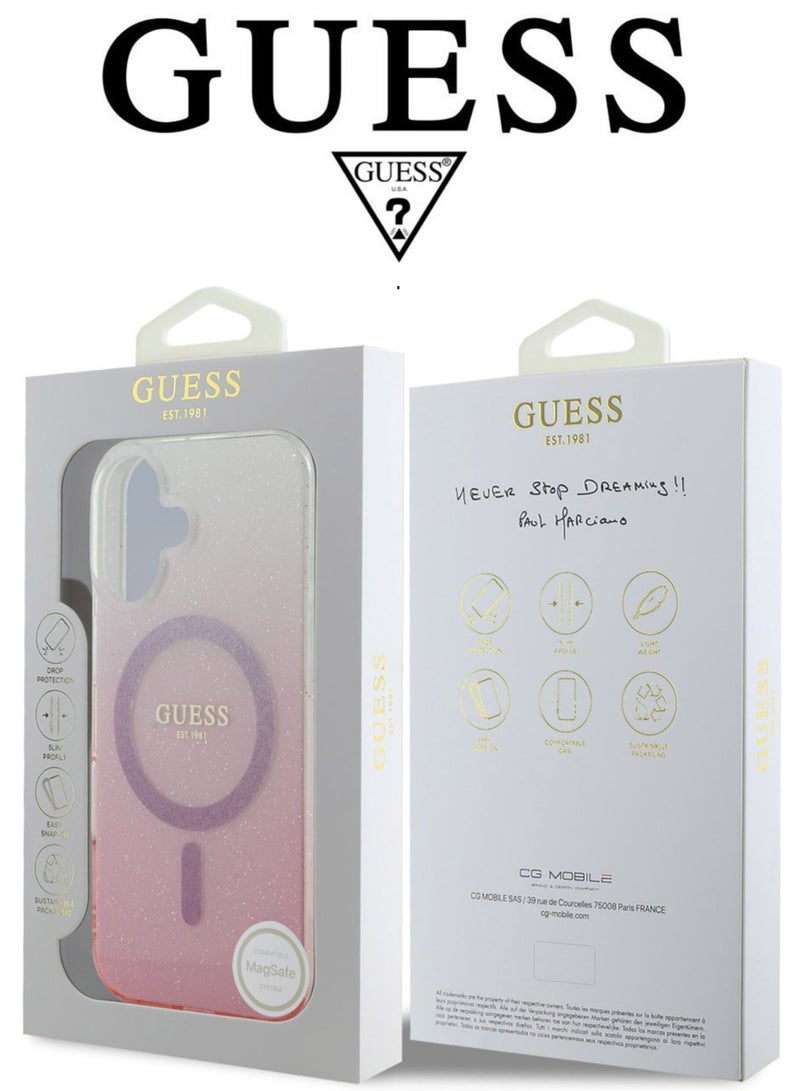 iPhone 16 Case, phone case supports magsafe and wireless charging, iphone case with elegant gradient Pink design with original logo and design approved by the global brand GUESS
